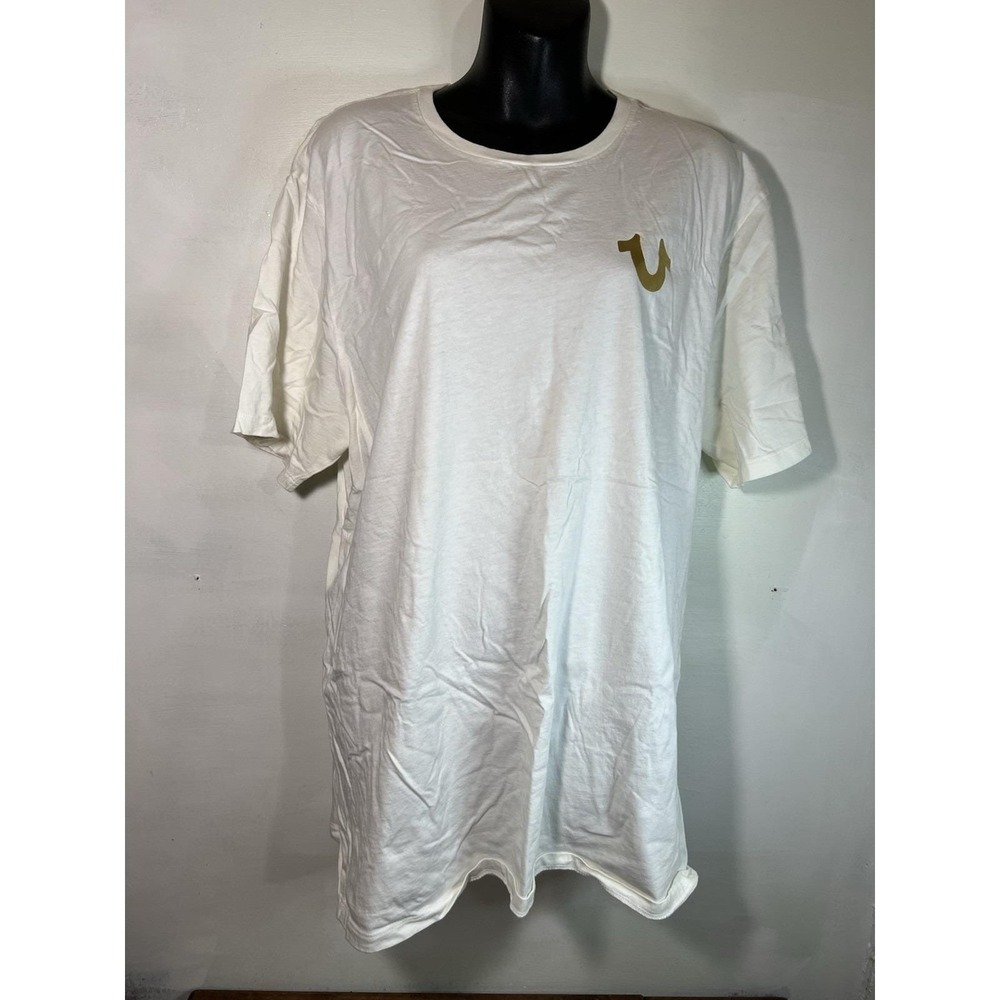 True Religion Men's XXL White Cotton Graphic Tee Buddha Gold Y2K